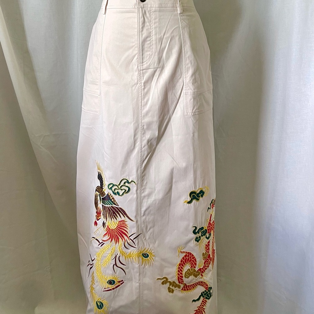 Nasty Gal Cream Embroidered Twill Maxi Skirt - Dragon & Phoenix 🐦🔥 🐉 🌹